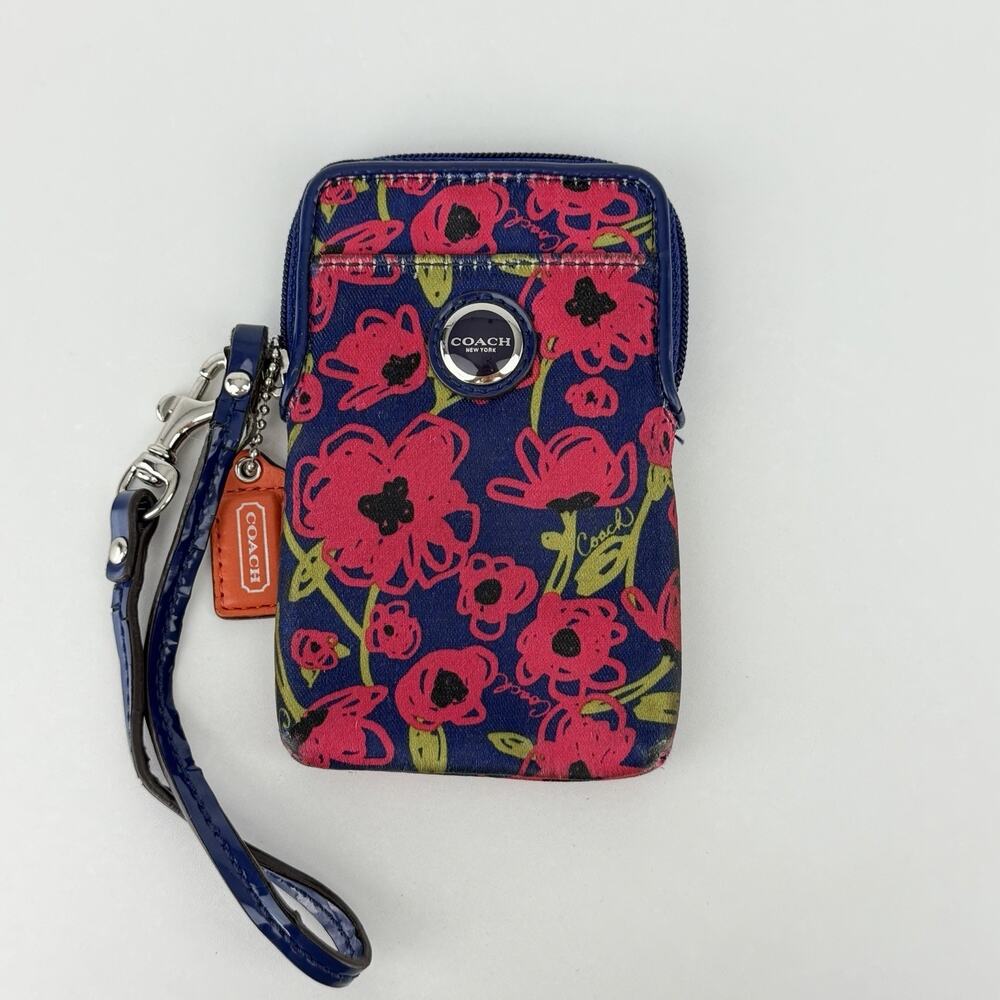 Coach Floral Wristlet Zip Pouch Blue Pink Mini Wallet Coin Purse